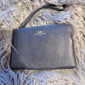 Coach Navy Pebbled Leather Wristlet with Gold Accent
